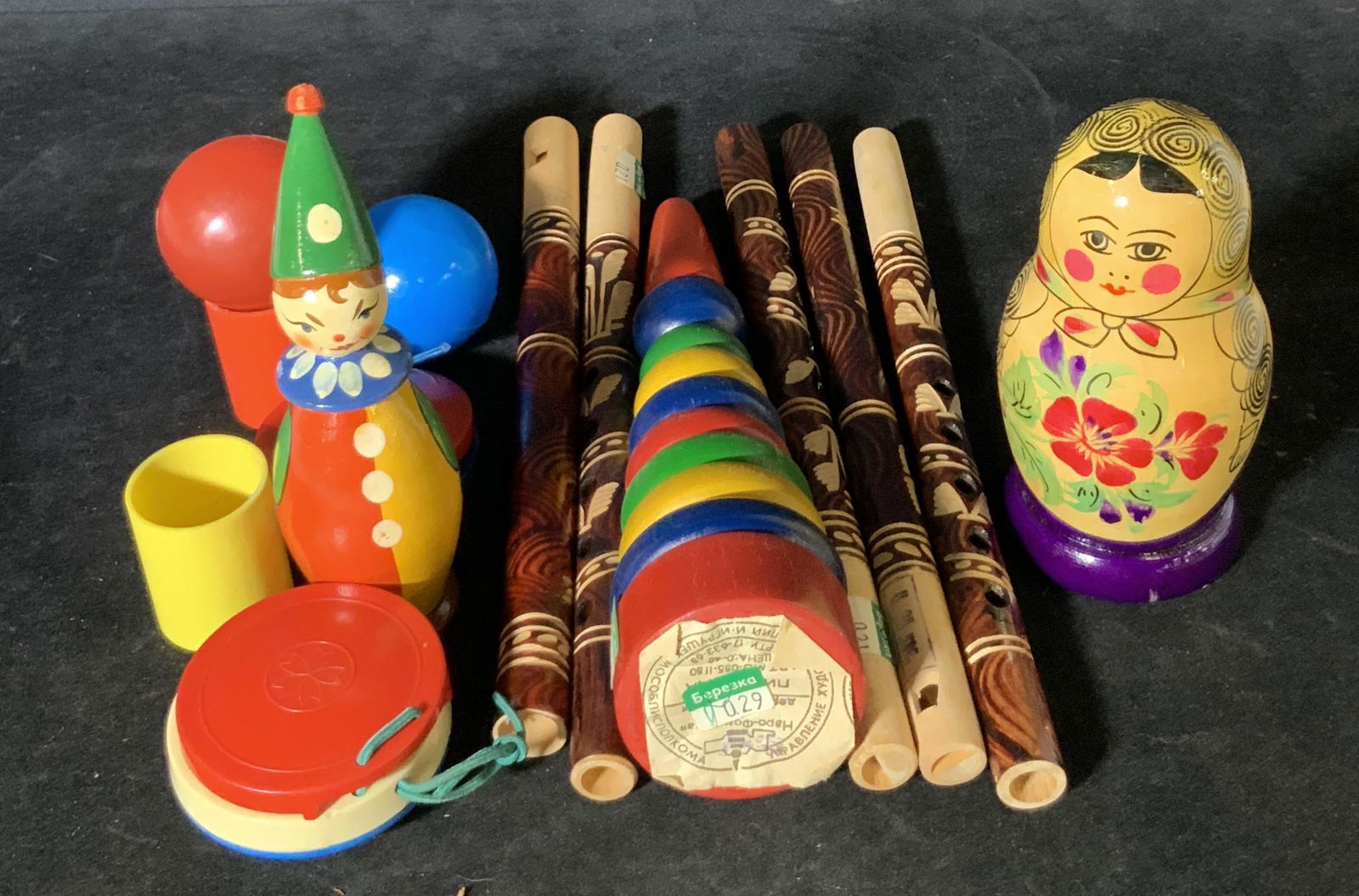 Group Lot 14 Handmade Far East Children’s Toys: Some handmade / hand painted. Wooden and plastic children’s toys. Lot includes flutes, wooden toys, balls, sound makers, nesting dolls ( matryoshka ). Colors include yellows, red, blues, purples, an