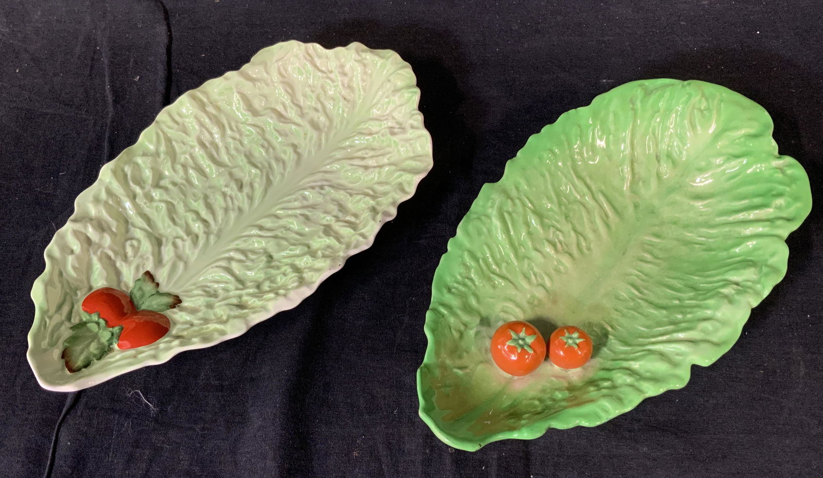 Lot2 CARLTON WARE Lettuce Shaped Majolica Dishes: Near pair, Carlton Ware Lettuce Shaped Majolica Dishes, stamp to base reads ‘Carltonware Hand painted Made in England Trademark Registered Australian Design’ and ‘Carlton Ware Made in England Ro