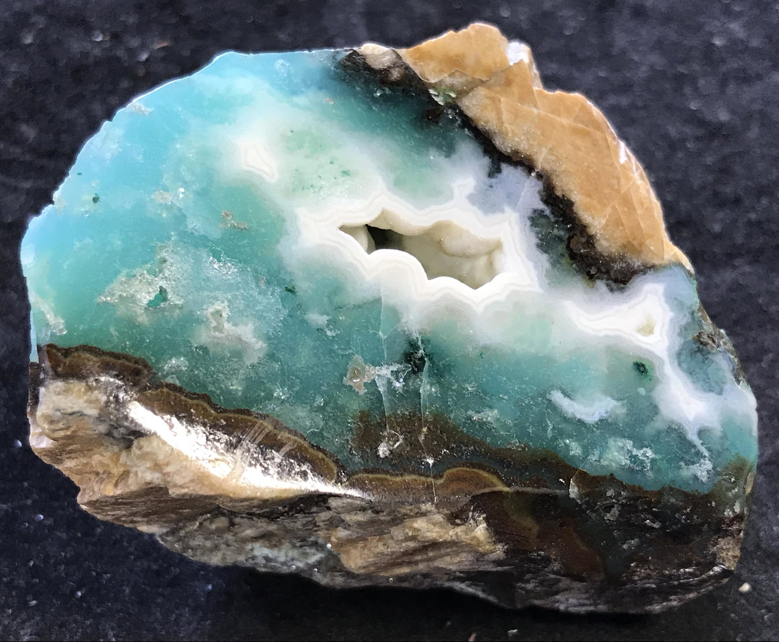 Peruvian Mined Druzy Chrysocolla Geode: Peruvian mined druzy chrysocolla geode, mined from the Lily mine in Peru, unique in its own shape and size, grown in a banded crystal style, a multilayered stone with the most prominent colors being b