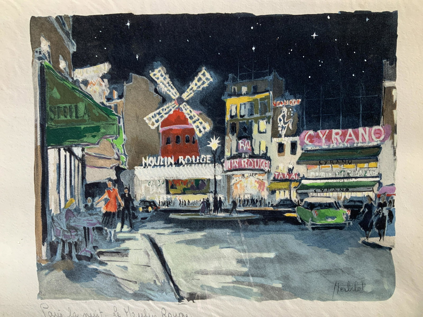 FRANZ HERBELOT Signed Moulin Rouge Painting: FRANZ HERBELOT Signed Moulin Rouge Watercolor Painting, signature to lower right reads ‘Herbelot’, inscription to lower left reads ‘Paris la nuit le moulin rouge‘, subject a street scene at ni