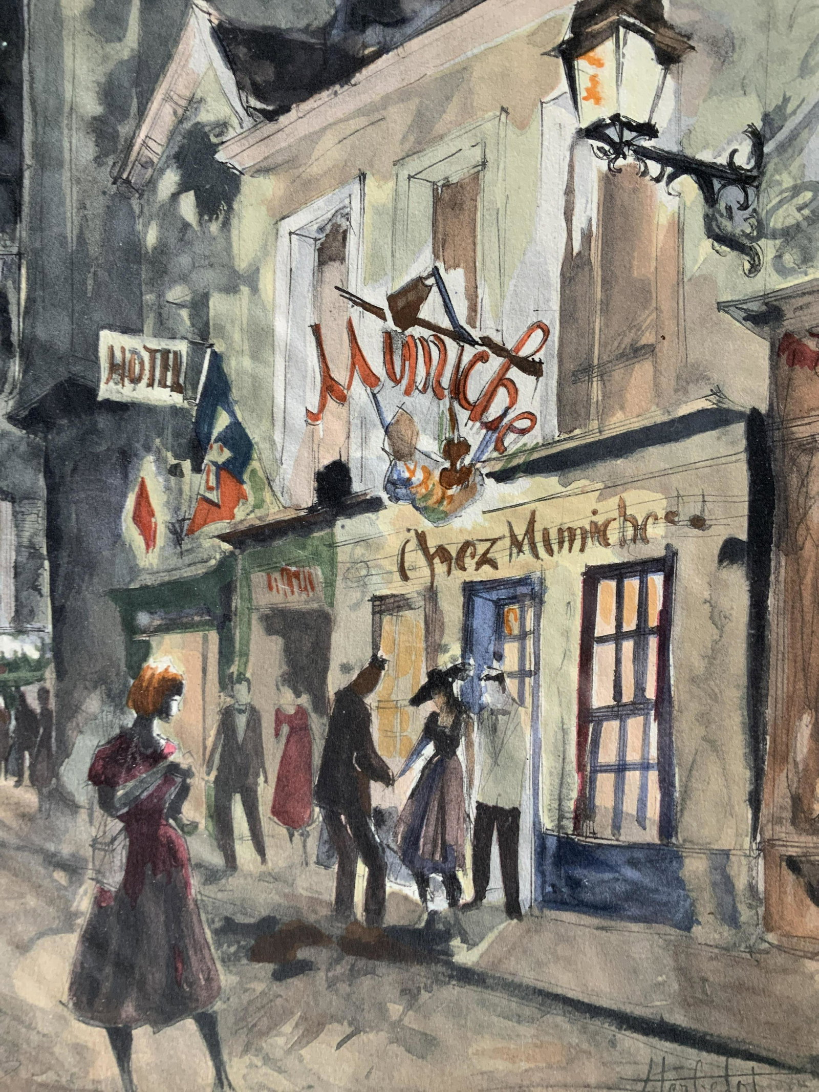 FRANZ HERBELOT Signed Paris Watercolor Painting: FRANZ HERBELOT Signed Paris Watercolor Painting, signature to lower right reads ‘HERBELOT’, inscription to lower left reads ‘Paris la nuit-Mimiche’, subject a street scene at night, measures 1