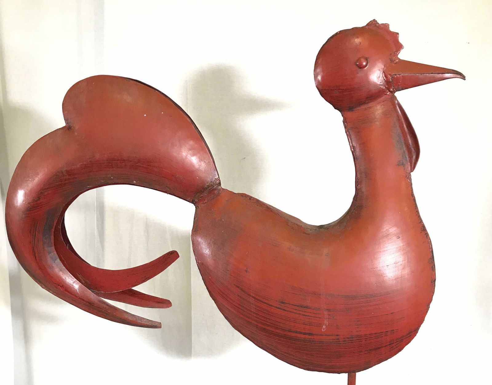 Vintage Metal Painted Folk Art Rooster Sculpture: Rooster sculpture has stone base. Sculpture is metal. Piece appears to be hand painted. Rooster, rooster sculpture, Chicken sculpture, hen sculpture, metal rooster sculpture, folk art rooster, folk ar