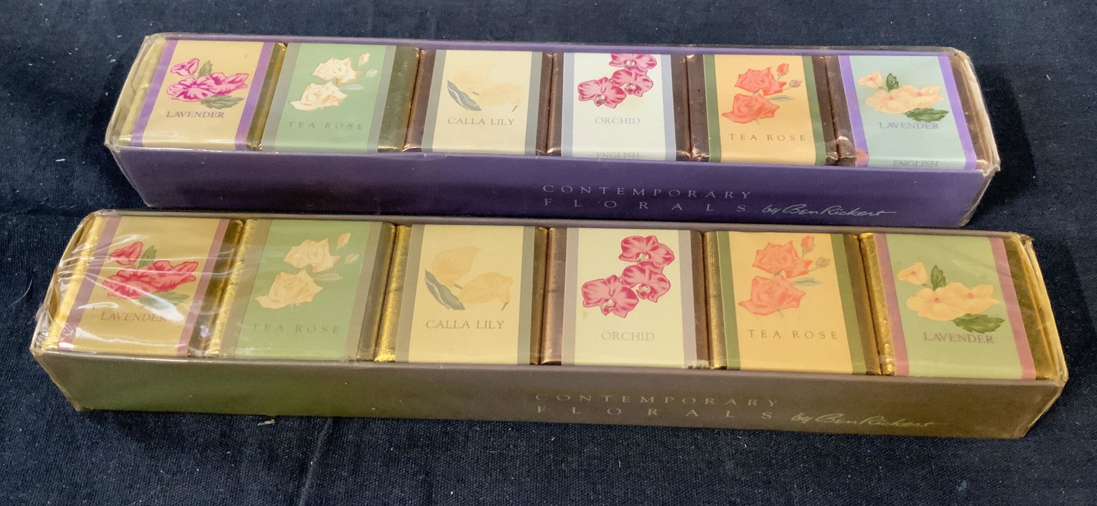 Pair Vintage Ben Rickert English Bath Soap Cubes: Pair Vintage Ben Rickert English Bath Cubes, inscription reads ‘Contemporary Florals by Ben Rickert’, inscription to base describes product, both measure 1 1/2 x 8 3/4 inches, new, still in packag