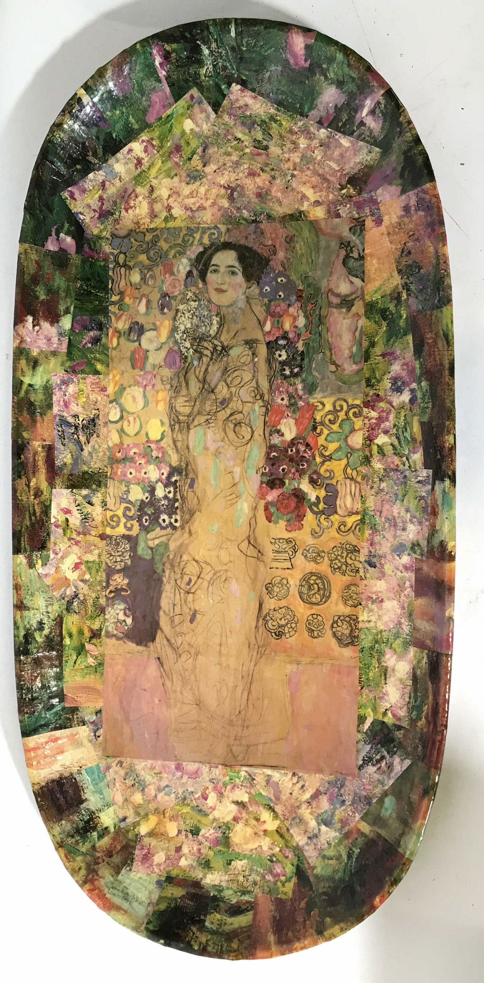 TRICIA M. SIEGEL Decoupaged Wood Platter: Piece appears is an original artisan made Piece by Tricia M Siegel inspired by Gustav Klimt. Piece has all over detail with Klimt designs & motifs. Piece is oval shaped. Measures approximately 18 inhc