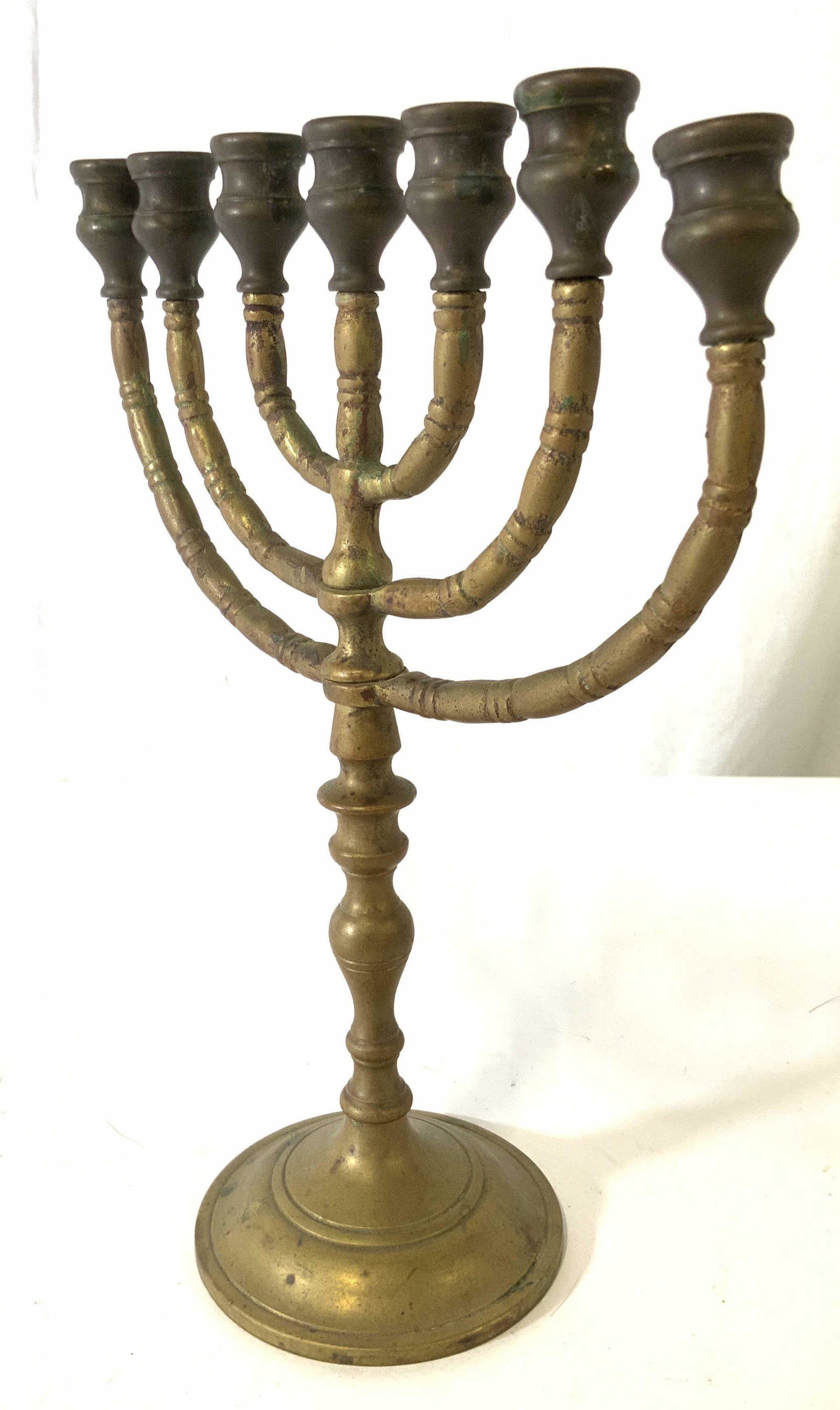 Collectible Vintage Brass Menorah: Embossed Brass Menorah, round base, colonial style pedestal, app 8.5 in wide, 10.5 in ht. Brass menorah, Judiaca, Chanukah Ceremonial, Israelica, Menorah, collectibles, brass ware, Vintage, Jewish Hol