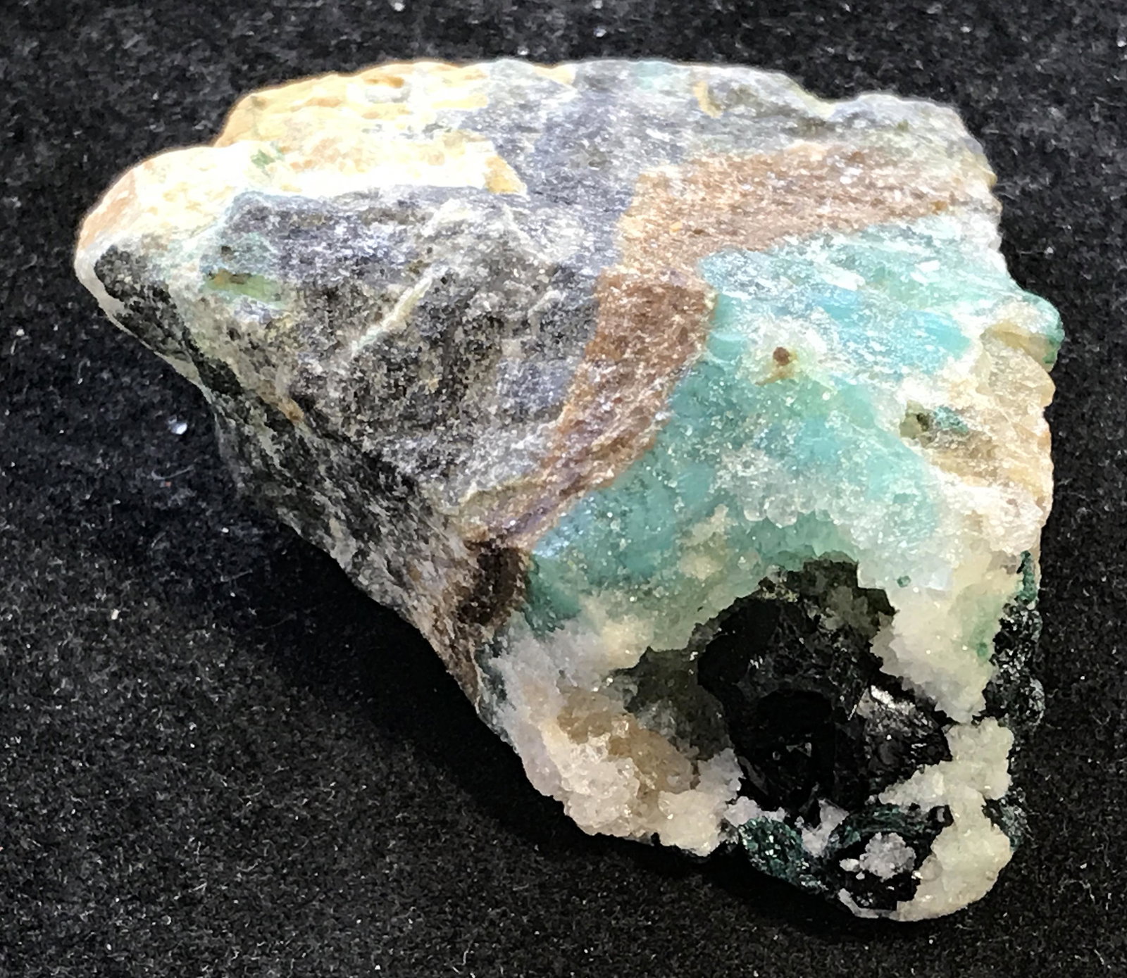 Peruvian Mined Druzy Chrysocolla Geode: Peruvian mined druzy chrysocolla geode, mined from the Lily mine in Peru, unique in its own shape and size, grown in a banded crystal style, a multilayered stone with the most prominent colors being b