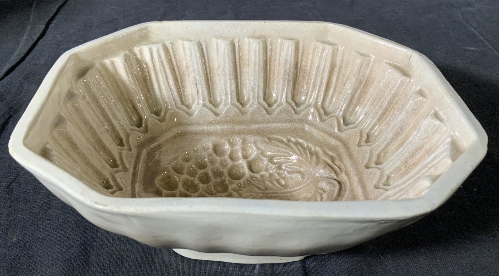 Antique Ceramic Mold Vessel: Antique ceramic mold, no apparent inscriptions or stamps, grape design to interior, measures 3 1/2 inches tall x 8 1/4 inches at widest point, some cracks and chips to piece, Antique, ceramics, mold, 