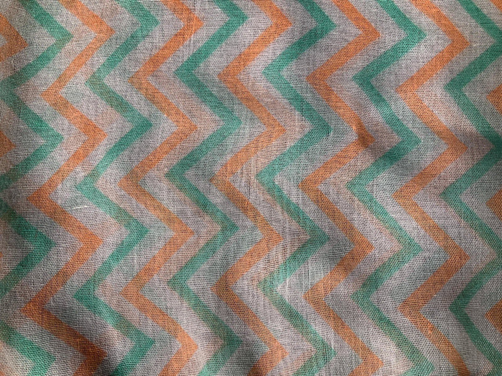 COTTON CANTINA Cotton Infinity Scarf: COTTON CANTINA Cotton Infinity Scarf, label to piece reads ‘Cotton cantina 100% Paris yarn made in China RN 188779’, orange and green chevron pattern, measures 31 3/4 x 19 inches, in good conditio
