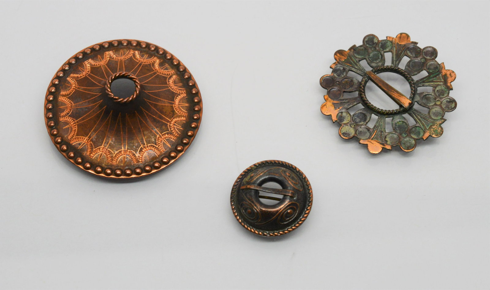 Lot3 Antique Handmade Folk Copper Brooches Estonia: Exceptional Trio of Antique Handmade Folk Copper Brooches from Estonia. 2", 1 3/4" and 1" Diameter