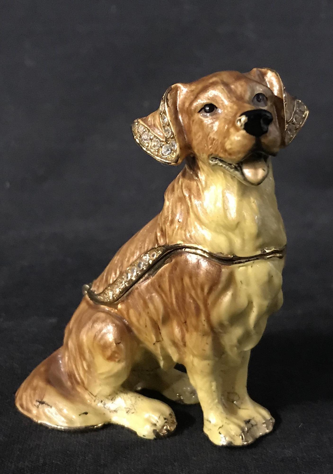 Enameled Dog Form Trinket Box: Enameled dog trinket box, box is bejeweled, possibly vintage. Seals with a magnet, lid is hinged. Measures approx 3 inches H, 2.5 inches W. Wear is consistent with age and use. Figural, pill box, trin