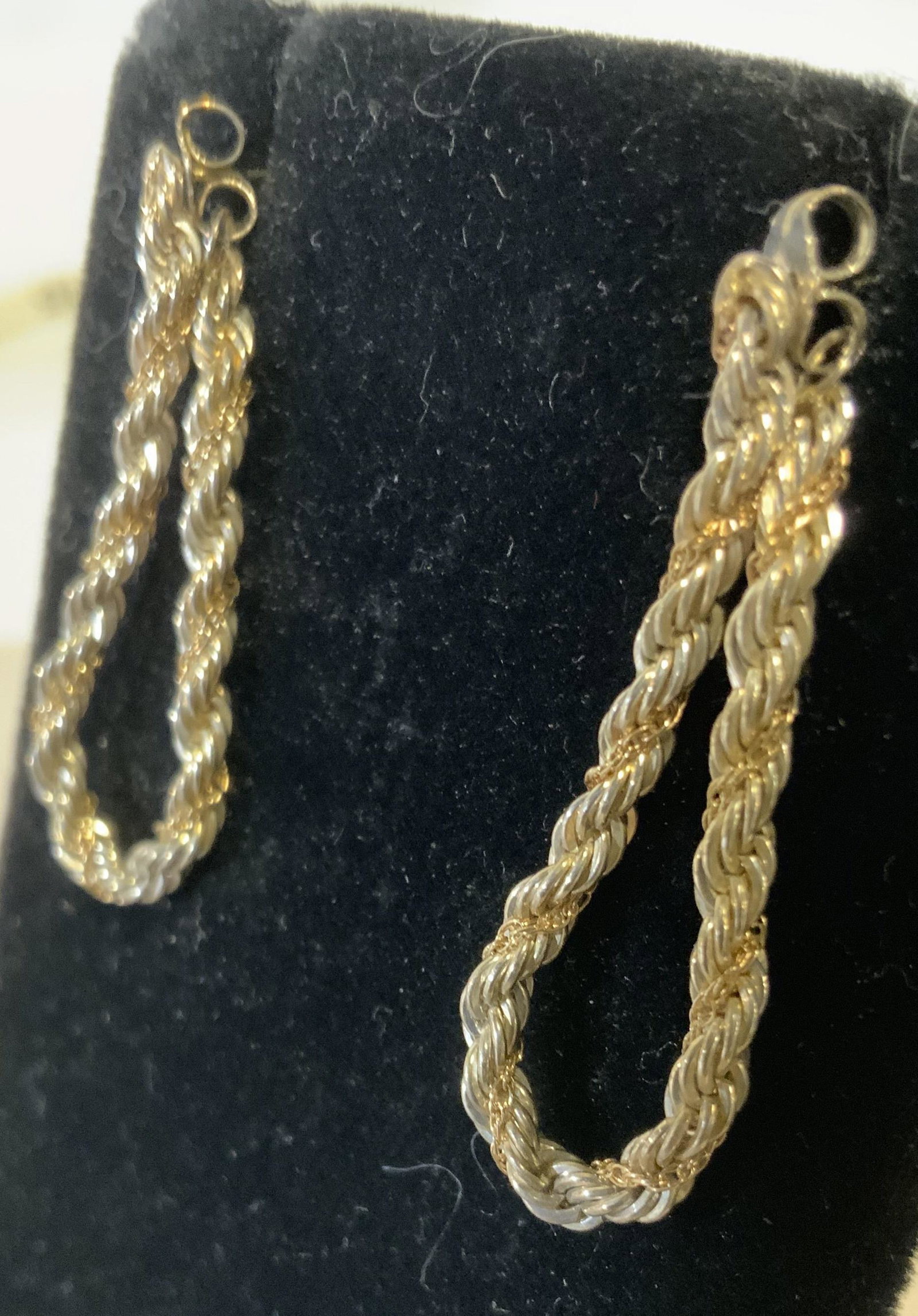 STERLING SILVER Twisted Rope Earrings: Twisted rope chains of different size links, created a long 1.5 in. hoop earring. Post and buttery clasp. On clasp reads 925 with makers mark. May need clasp / post adjustment. Luxury earrings, sterli