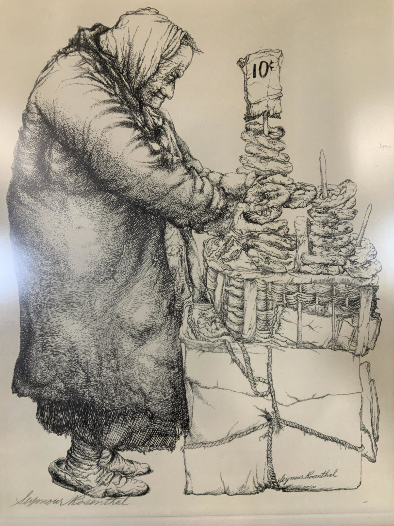 SEYMOUR ROSENTHAL Signed Pretzel Lady Lithograph: Seymour Rosenthal Signed Pretzel Lady Lithograph, signature to lower left in pencil reads ‘Seymour Rosenthal’, inscription to lower right reads ‘Seymour Rosenthal’, label to reverse reads ‘A