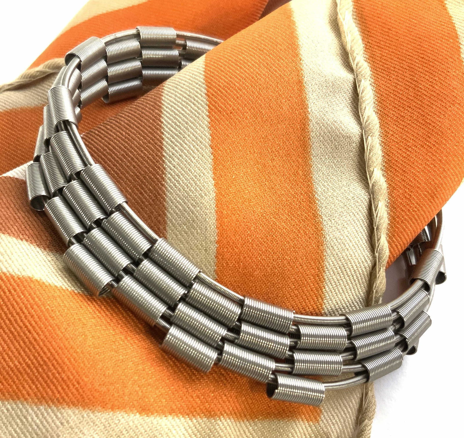 Tube Beaded Industrial Stretch Bracelet: Stretch bracelet, reticulated tube pattern in muted silver tone wire, 4 strands across at app 3/8 in width. Stretch to just over 3 in diameter. Metal Wire Bracelet, Geometrical stretch bracelet, Costu