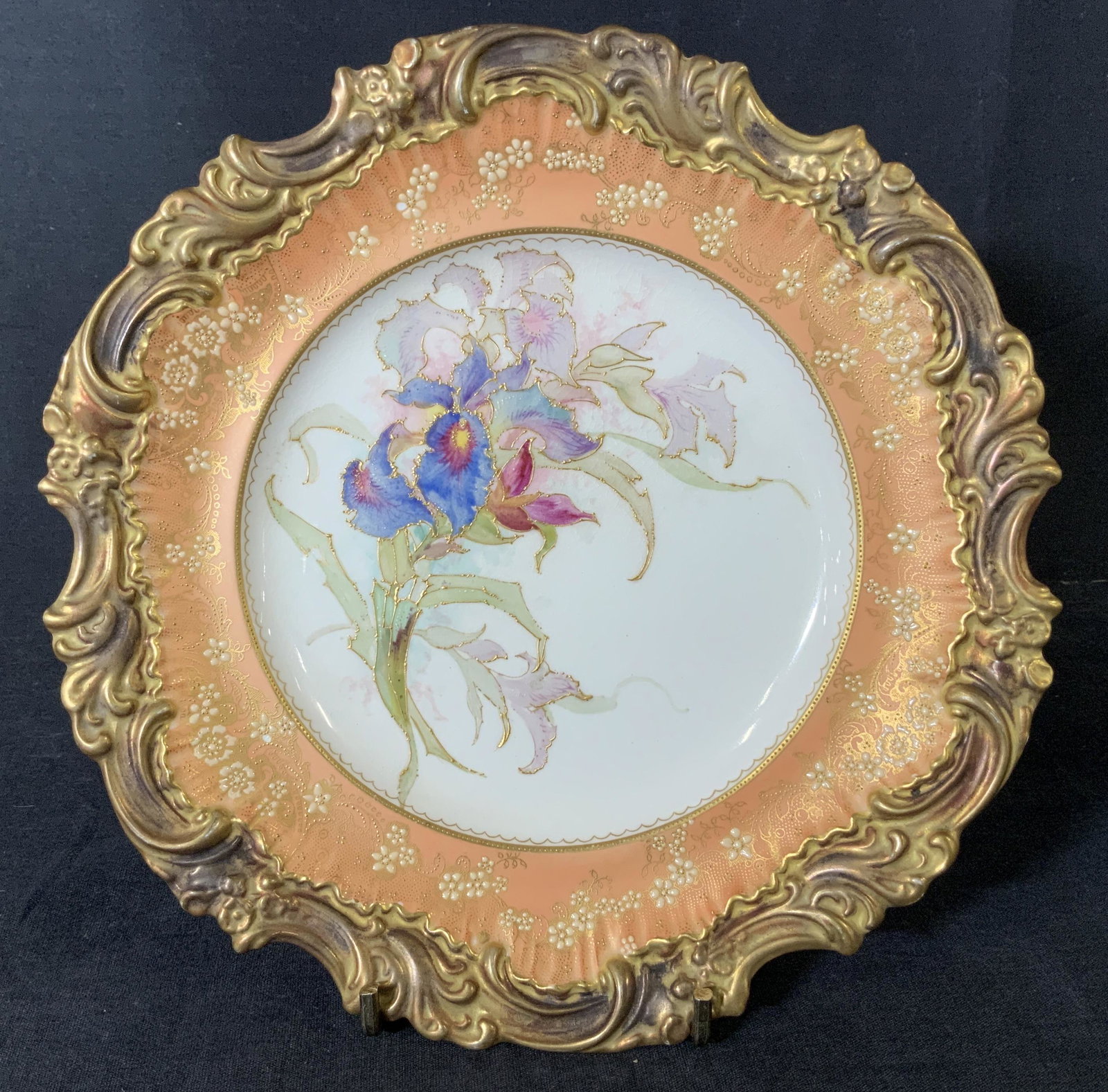 Antique DOULTON BURSIEM Ceramic Plate, England: Antique DOULTON BURSIEM Ceramic Plate, stamp to base reads ‘Doulton BURSIEM England C45050 AW1545’, elaborate Rococo like design, floral design to center, Measures 9 1/8 inches in diameter, some w