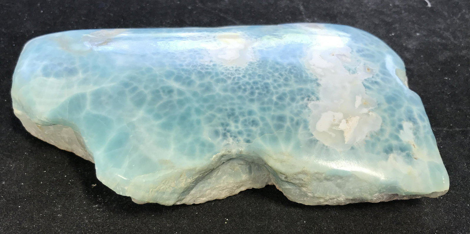 Peruvian Mined Chrysocolla Polished Geode: Peruvian mined druzy chrysocolla polished geode, unique in its own shape and size, grown in a banded crystal style, a multilayered stone with the most prominent colors being blue and white, measures 1