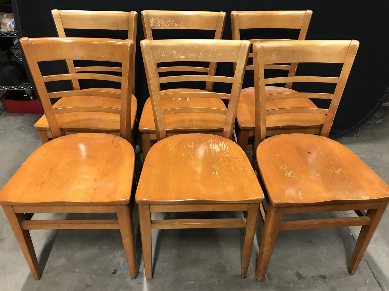 Set 6 Vinateg MCM THONET Wooden Side Chairs: Set 6 wooden ladder backed chairs. Legs are connected by horizontal stretchers. Label on underside reads as THONET ONE PARK AVENUE NEW YORK. measures approx 33 inches H, 17 inches W, and 16 inches Dee