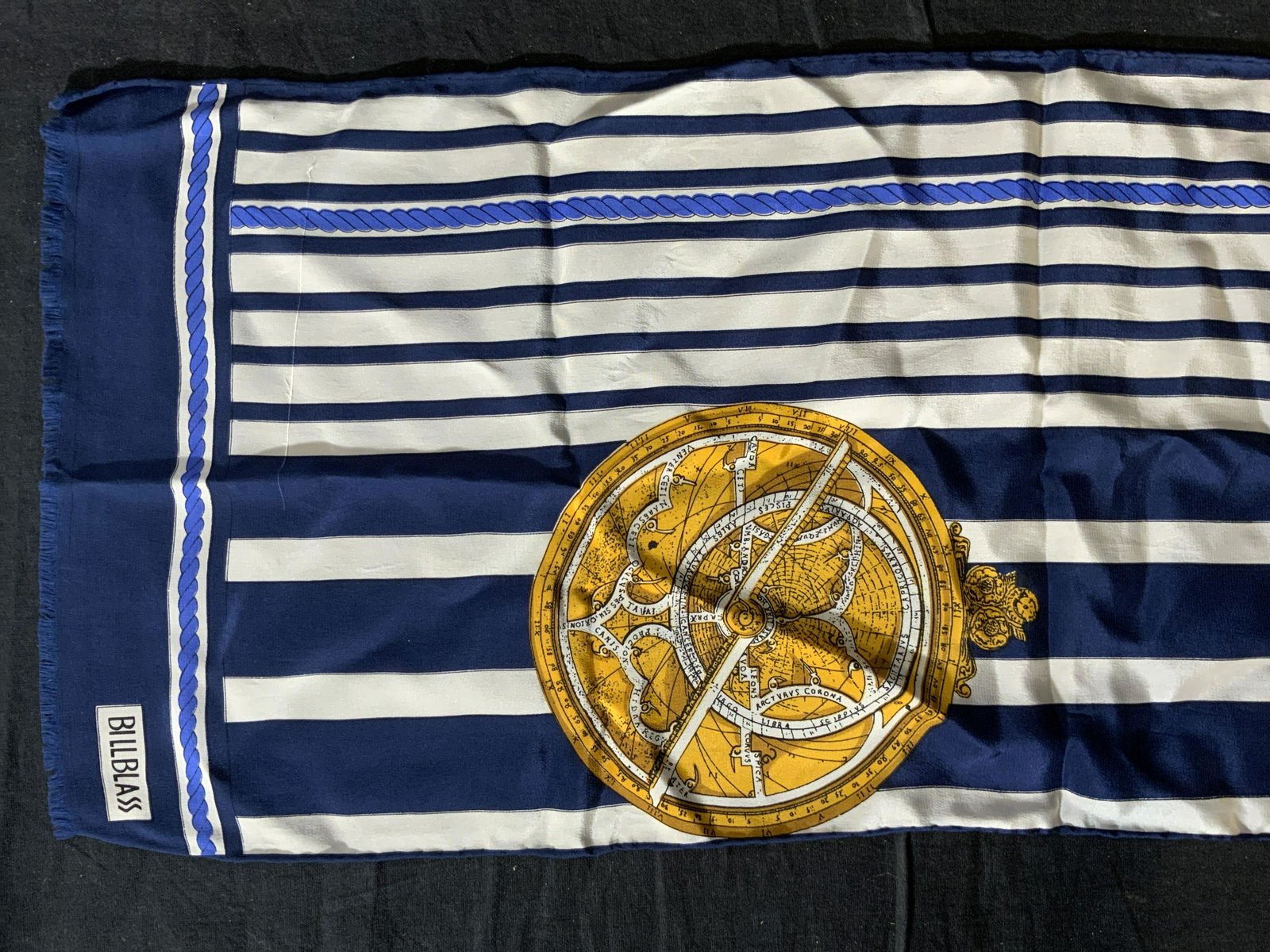 Vintage BILL BLASS Striped Women’s Scarf: Vintage BILL BLASS Striped Women’s Scarf, inscription to scarf reads ‘Bill Blass’, astrolabe design, measures 57 3/8 x 11 inches, some stains to scarf but overall in good condition, Vintage, Bil