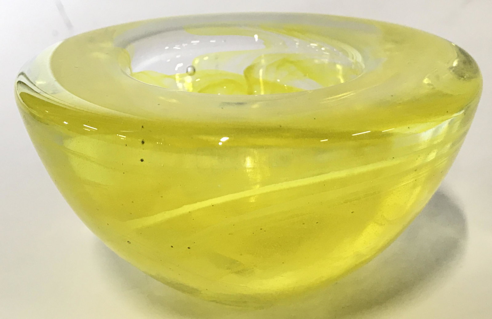 Thick Wall Art Glass Trinket Bowl: Bowl is yellow toned and glass. Piece has very thick walls. Measures approximately 4.5 inches wide 3 inches tall. Art glass, Art Deco, Art glass bowl, trinket bowl, glass trinket bowl. tableware, shel