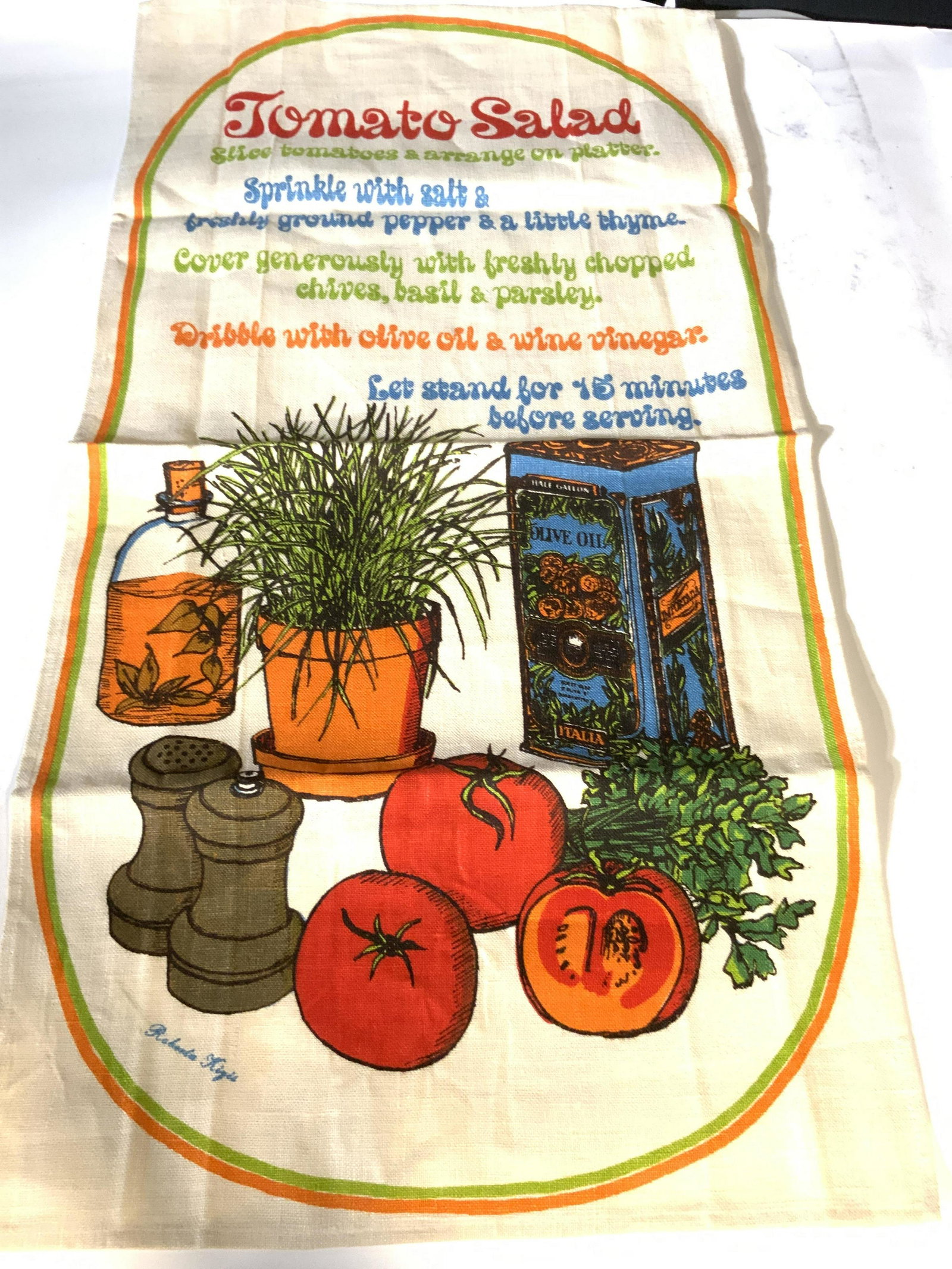 Collectible FALLANI & COHN Linen Tea Towel, Signed: Illustration of Ingredients for tomato salad, lower left signed by ROBERTA KIGIS. Gives steps to makes a fresh tomato salad. Like new no fabric issues. 29 x 15.5 in. Collectible linens, kitchen linen,