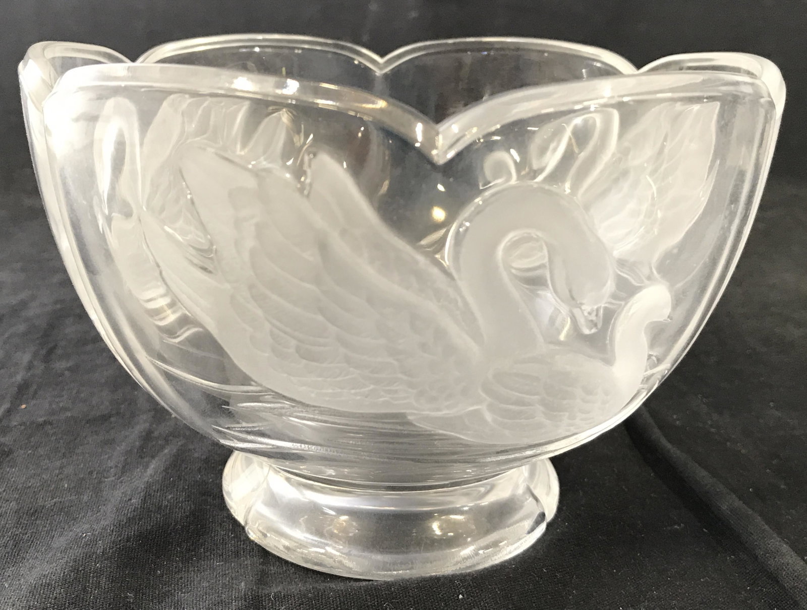 Footed Crystal Bowl W Frosted Swan Detail: Bowl appears to be crystal. Piece is footed. Bowl has beveled swan detail. Bowl, crystal bowl, centerpiece, candy dish, fruit bowl, decorative arts. tableware, tabletop accessories, luxury art glass c