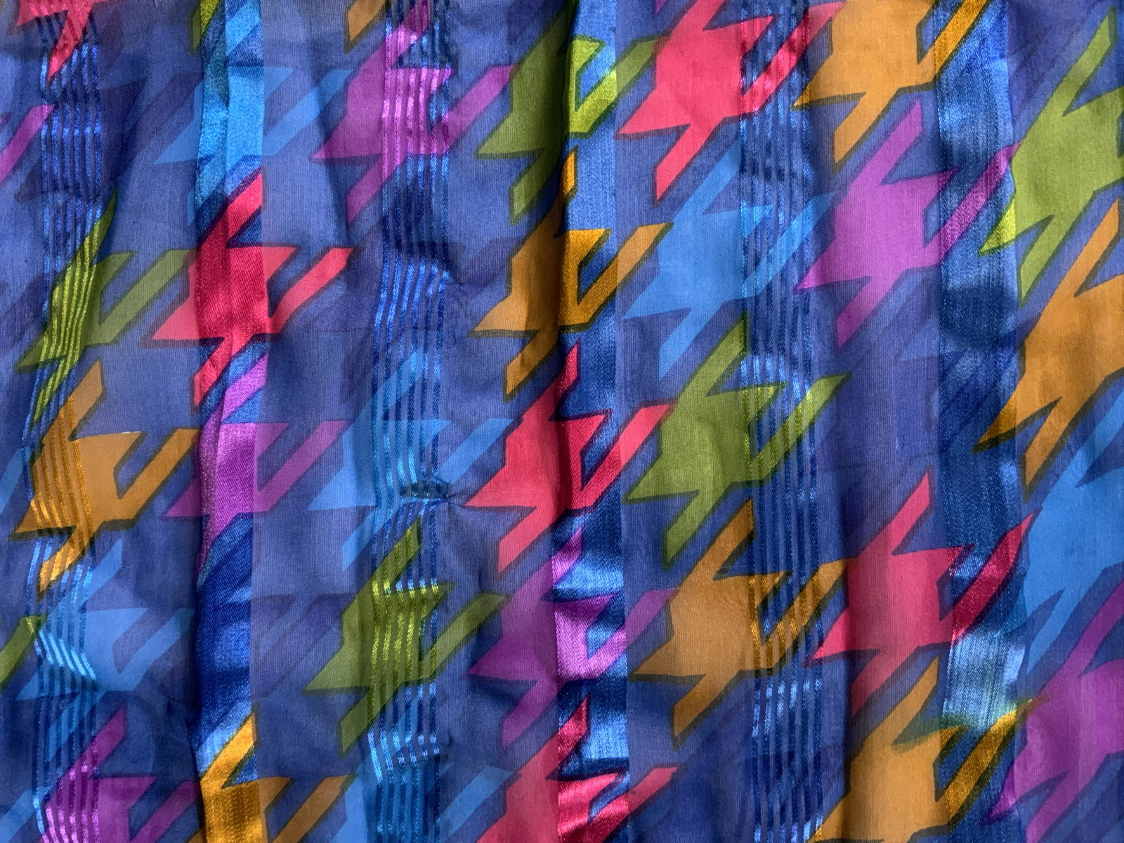 Colorful HOUNDSTOOTH Fashion Scarf: Transparent fabric, possibly nylon, alternating shiny and muted linear blue lines with multi colored houndstooth pattern. 13.5 in. x 64 in. Wearables, Scarf, Houndstooth pattern Scarf, Ladies Fashion 
