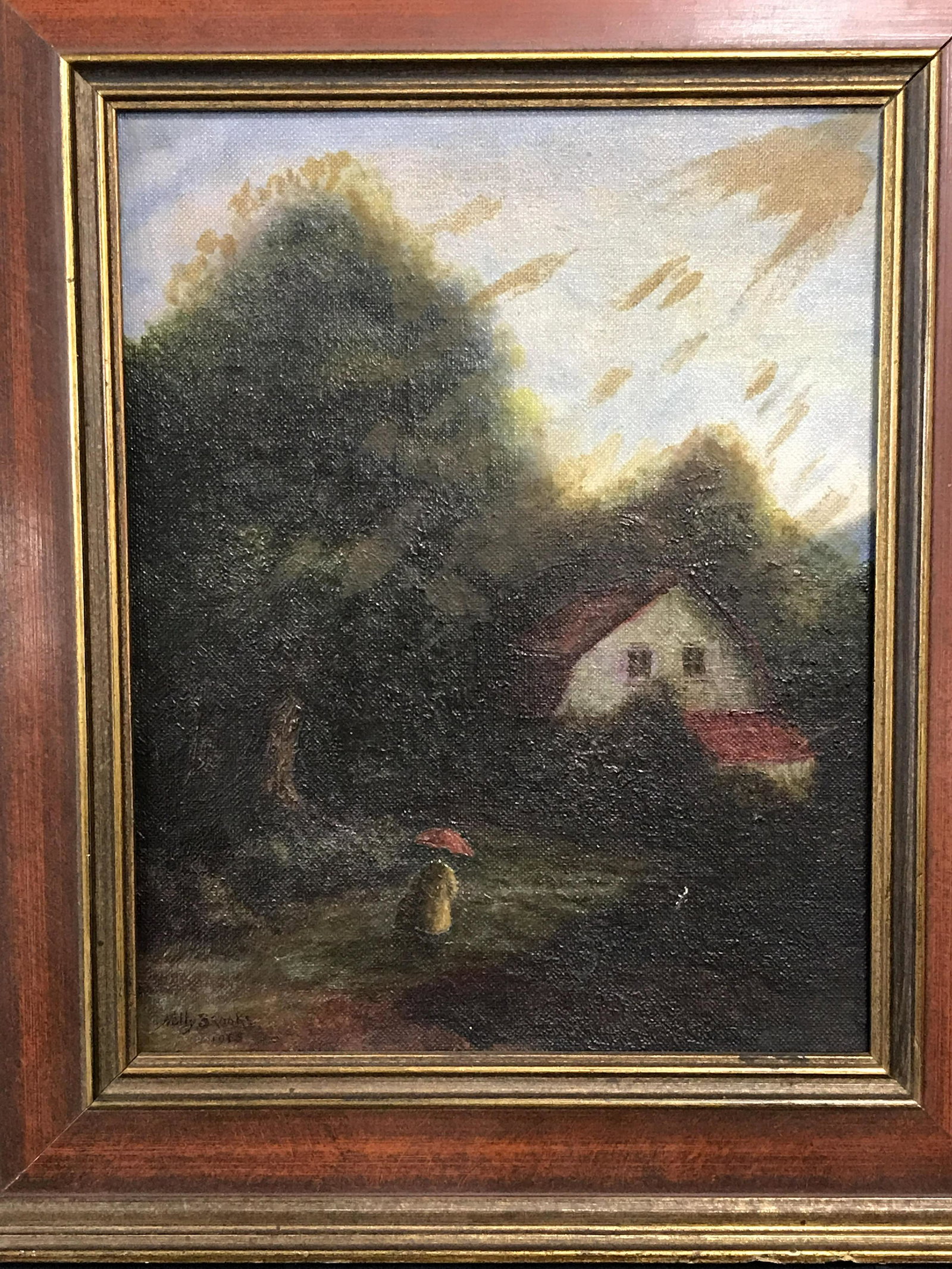 HOLLY BROOKE Signed Oil on Board Painting 1965: Holly Brooke signed oil on board painting, signature and date to the lower left corner reads ‘Holly Brooke 1965’, subject a figure with umbrella walking to a cottage home, gilt wood frame with red