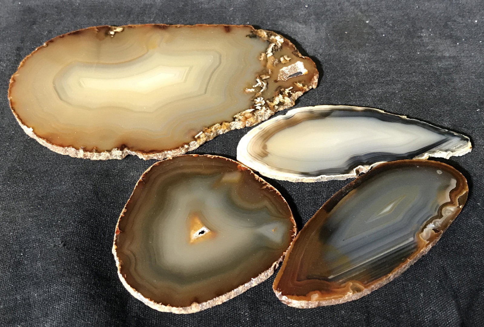Collection 4 Geode Slices: Collection 4 geode slices, each cut to their own unique size and shape, largest of the collection measures at approximately 5.25 inches long and smallest at 2.5 inches long, three of the four have pri