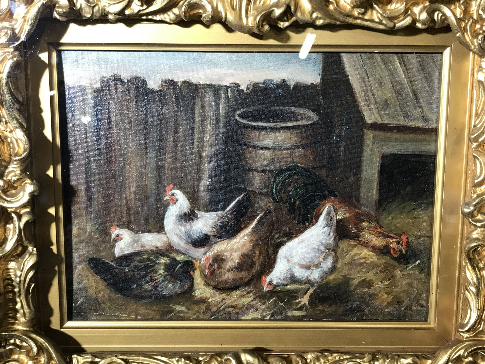 Oil on Canvas Painting W 24k Gilt Wood Frame: Oil on canvas artwork and 24k hand carved gilt wood frame, no apparent signatures or stamps, subject 5 chickens and a rooster in a pen of straw with a fence and coop in the background, hand carved 24k