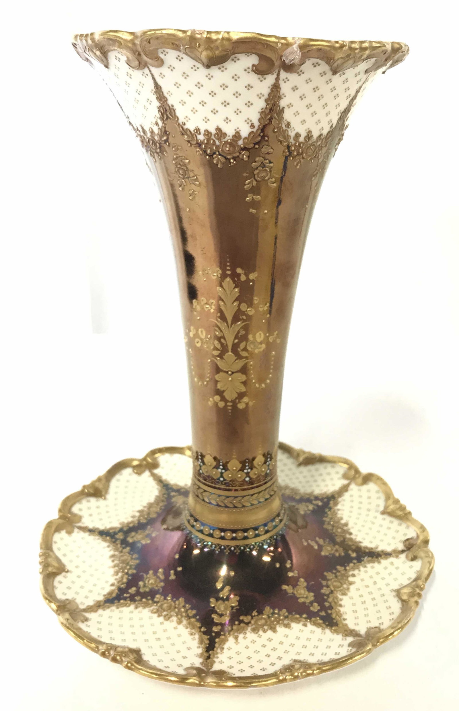 Vintage DRESDEN Ornate Porcelain Vase: Underside of piece is marked DRESDEN. Vase appears to be vintage possibly antique. Vase is white with gold toned pattern and ornate detail. Piece also has pearlescent style detail near base. Vase flar