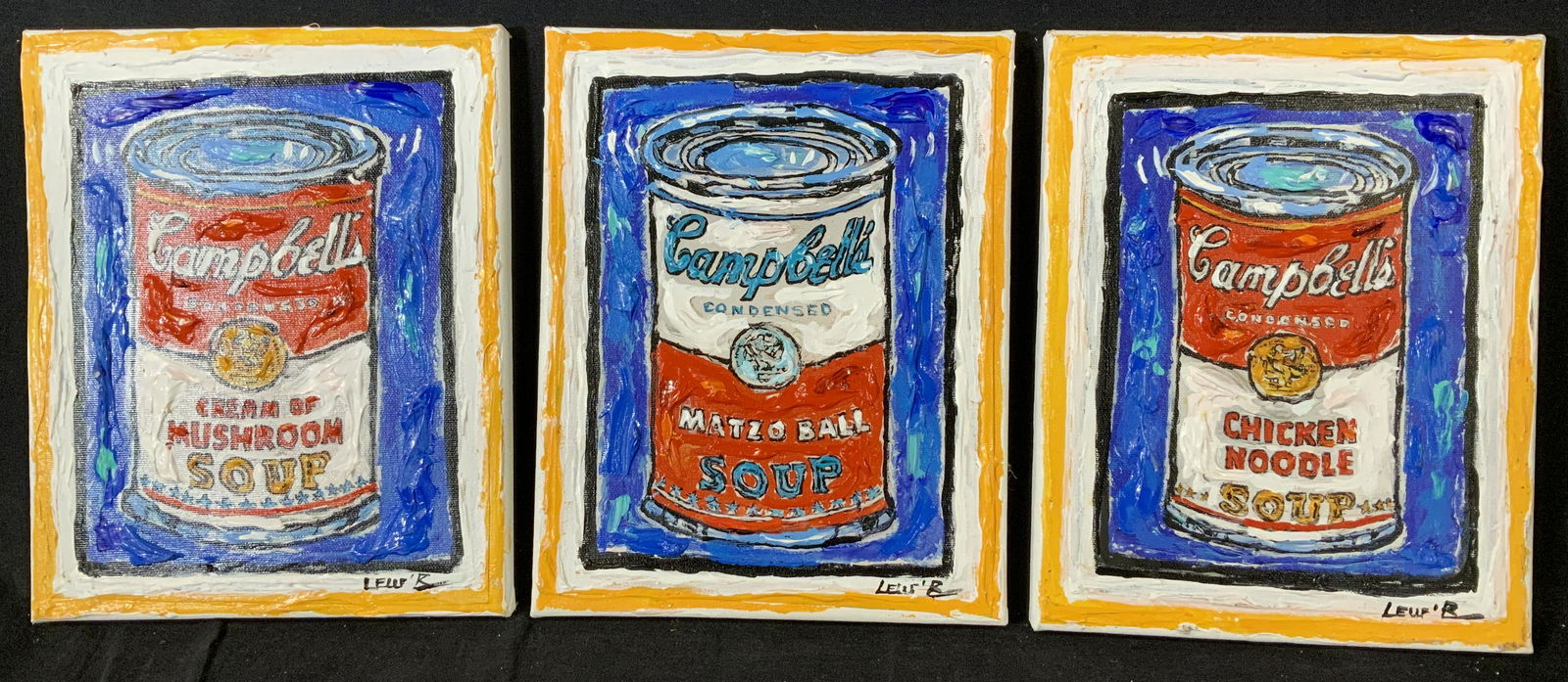 LESLIE LEW Signed Campbell’s Oil Paintings 2016: Leslie Lew Signed Campbell’s Soup Cans Oil Paintings 2016, signature to lower right reads ‘Lew B’, inscription to reverse reads ‘Campbell Soup Favorites Matzo Ball Cream of Mushroom Chicken No
