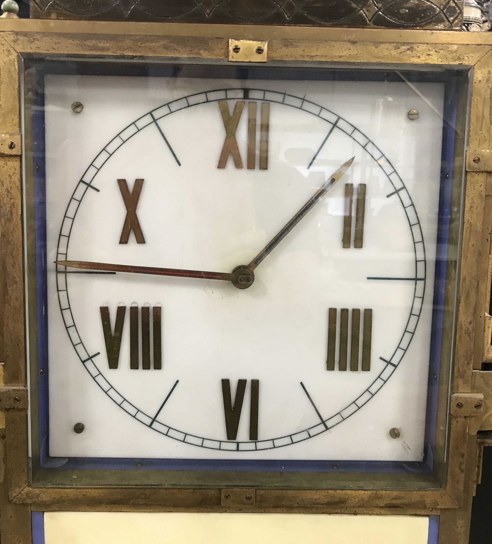 JOHNSTON CRAWFORD Vintage Grandfather Clock: Vintage, possibly antique, grandfather clock. Crafted from brass and a composite material, possibly Bakelite. Vertical Stripes decorate lower half of clock, a female figure Has been sketched onto its