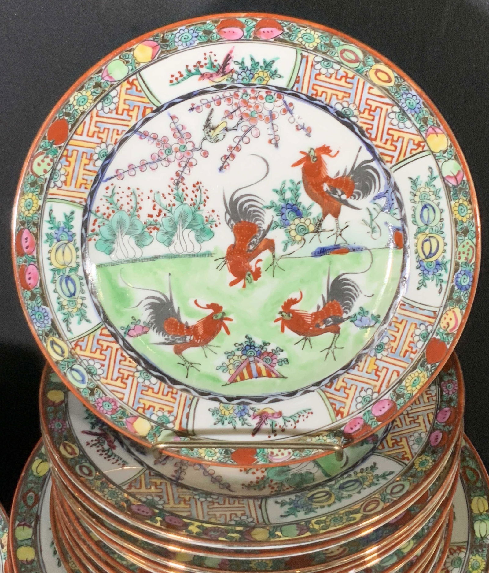 Set 76 Asian Rooster Porcelain Dinnerware Set: Dinner plates (10), luncheon plates various sizes (18), soup / rice bowls (24), spoons (10), saucers (6), dessert plates (6), serving plate (1), serving spoon (1). This huge lot of dinnerware plates a