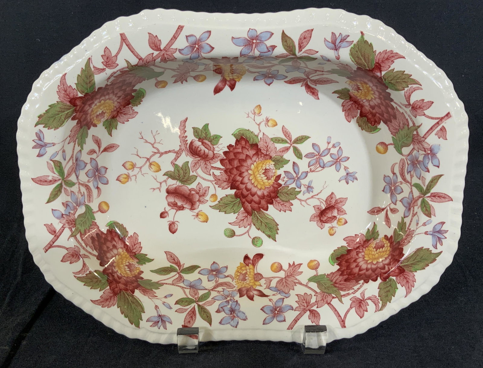 SPODE England Ceramic Dish: Spode ceramic dish, stamp to base reads ‘Copeland Spode England Spode’s Aster 4314A’, intricate floral design, measures 1 3/4 inches tall x 10 3/8 inches at widest point, in good condition, Dish