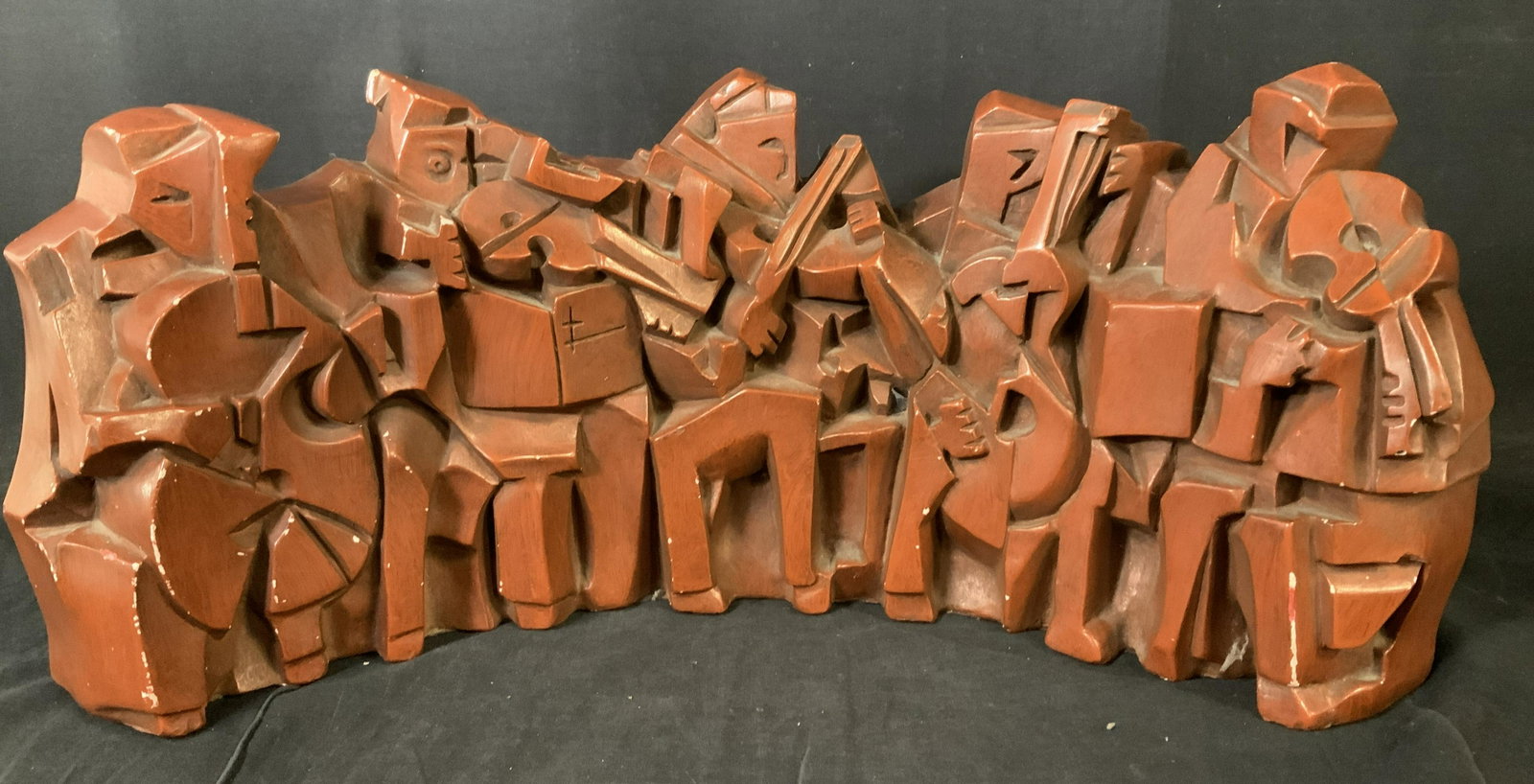 AUSTIN PRODING Signed Musicians Sculpture 1969: Austin Proding Signed Abstract Musicians Painted Metal Sculpture 1969, signature to reverse reads ‘Austin Proding 1969’, subject people playing stringed instruments, measures 10 x 22 1/4 inches at