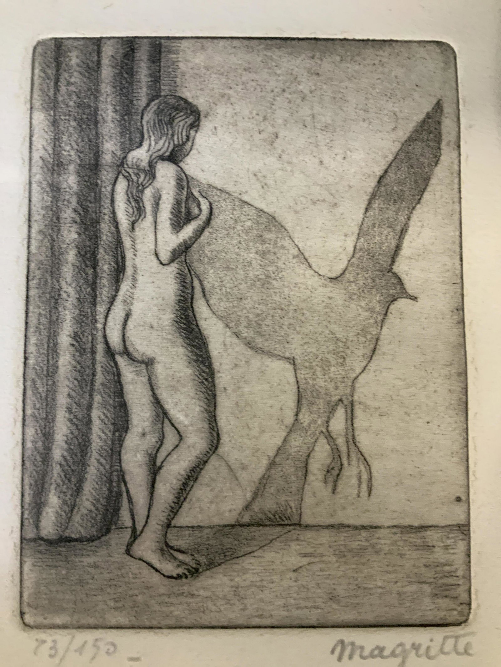 RENE MAGRITTE Signed Nude Woman Lithograph: Rene Magritte(1898-1967) Signed Nude Woman Lithograph, signature to lower right reads ‘Magritte’, Edition to lower left reads ‘73/150’, subject a woman with a bird’s shadow, measures 12 7/8 