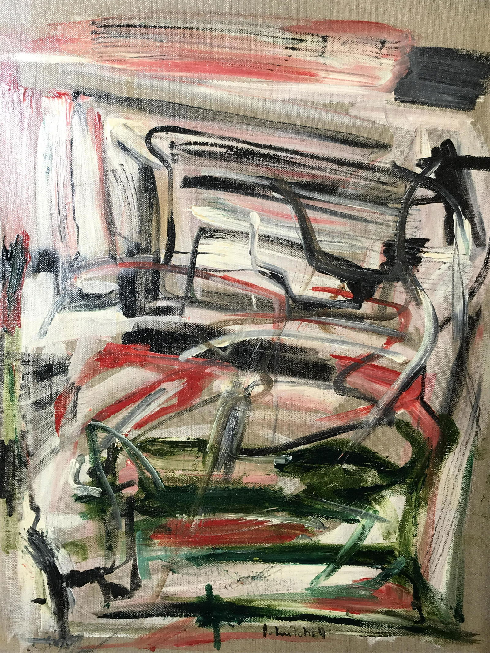 J. MITCHELL Signed Abstract Oil on Canvas Artwork: Possibly attributed to Joan Mitchell, Signed J.Mitchell abstract expressionist oil on canvas artwork, signature to the lower center section reads ‘J.Mitchell’, Please Note: All lots that do not ca