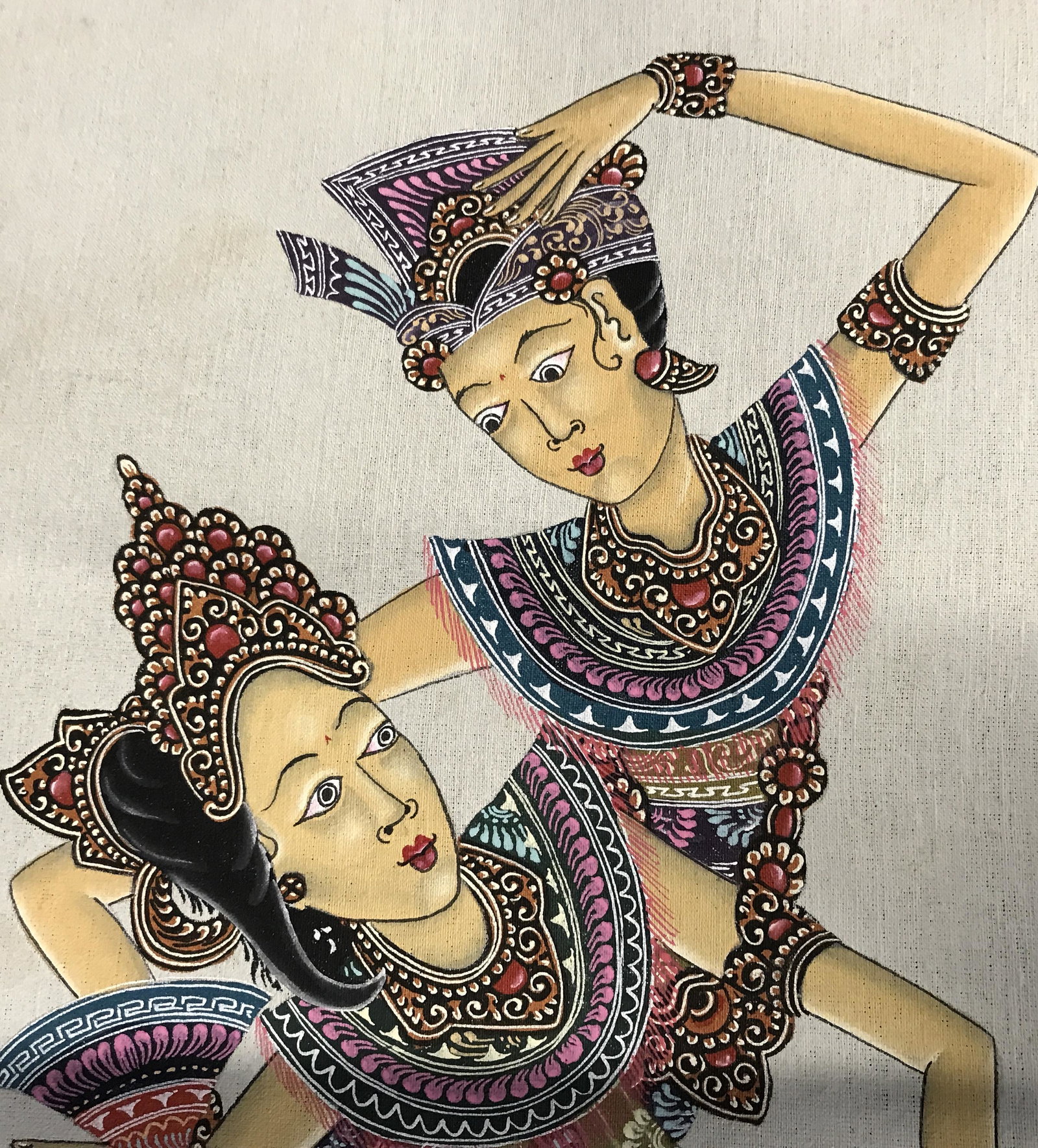 Lot 4 Balinese Painted Linen Wall Scrolls: Collection of 4 Balinese painted linen scrolls, text to lower right corner of three larger scrolls reads ‘ID B4 Astawa, Batuan Bali’, smallest of four displays a landscape scene with indigenous pe
