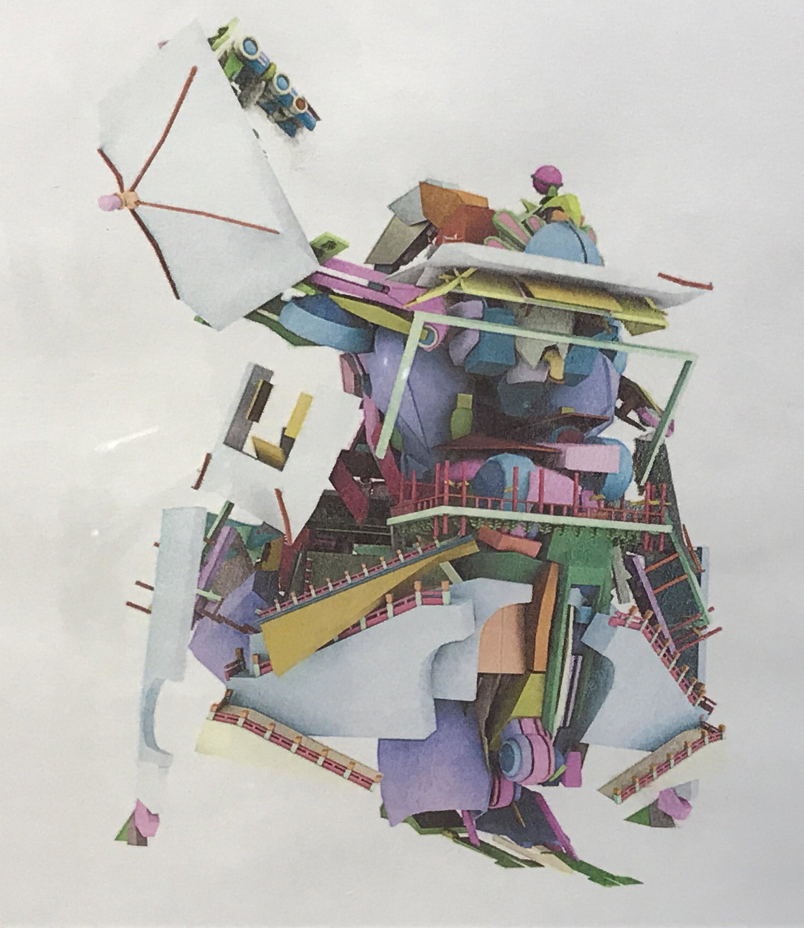 WANG JIYU Lithographic Architectural Robot: Wang Jiyu lithographic architectural Robot, subject a building made of various brightly colored parts, white matting, white modern frame, some scuffs to frame overall in good condition, measures as a 