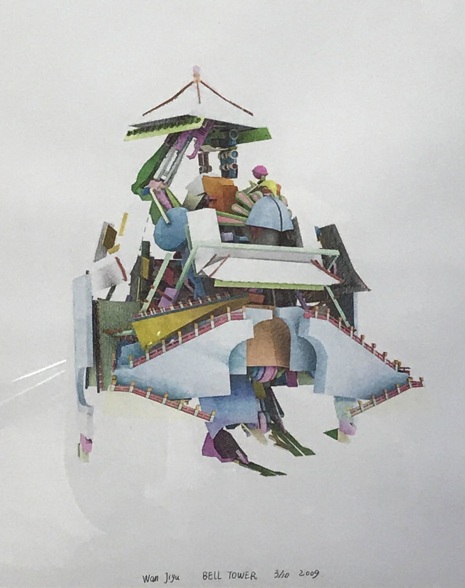 WANG JIYU Signed Ltd Ed Lithograph: Wang Jiyu Signed limited edition lithographic robot, Signature date and text to lower center border reads ‘Wang jiyu, Bell Tower, 3/10 2009’, subject a robot made of various brightly colored parts