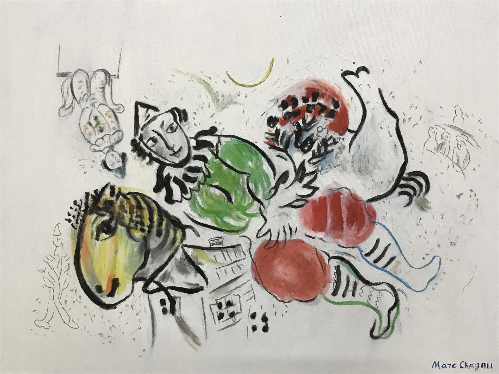 John Taxin AFTER Marc Chagall Oil on Canvas: AFTER Marc Chagall oil painting on canvas, signature to lower right corner reads Marc Chagall, plaque to lower center border reads Â‘The Traveling Circus, After Marc Chagall, By John TaxinÂ’, su