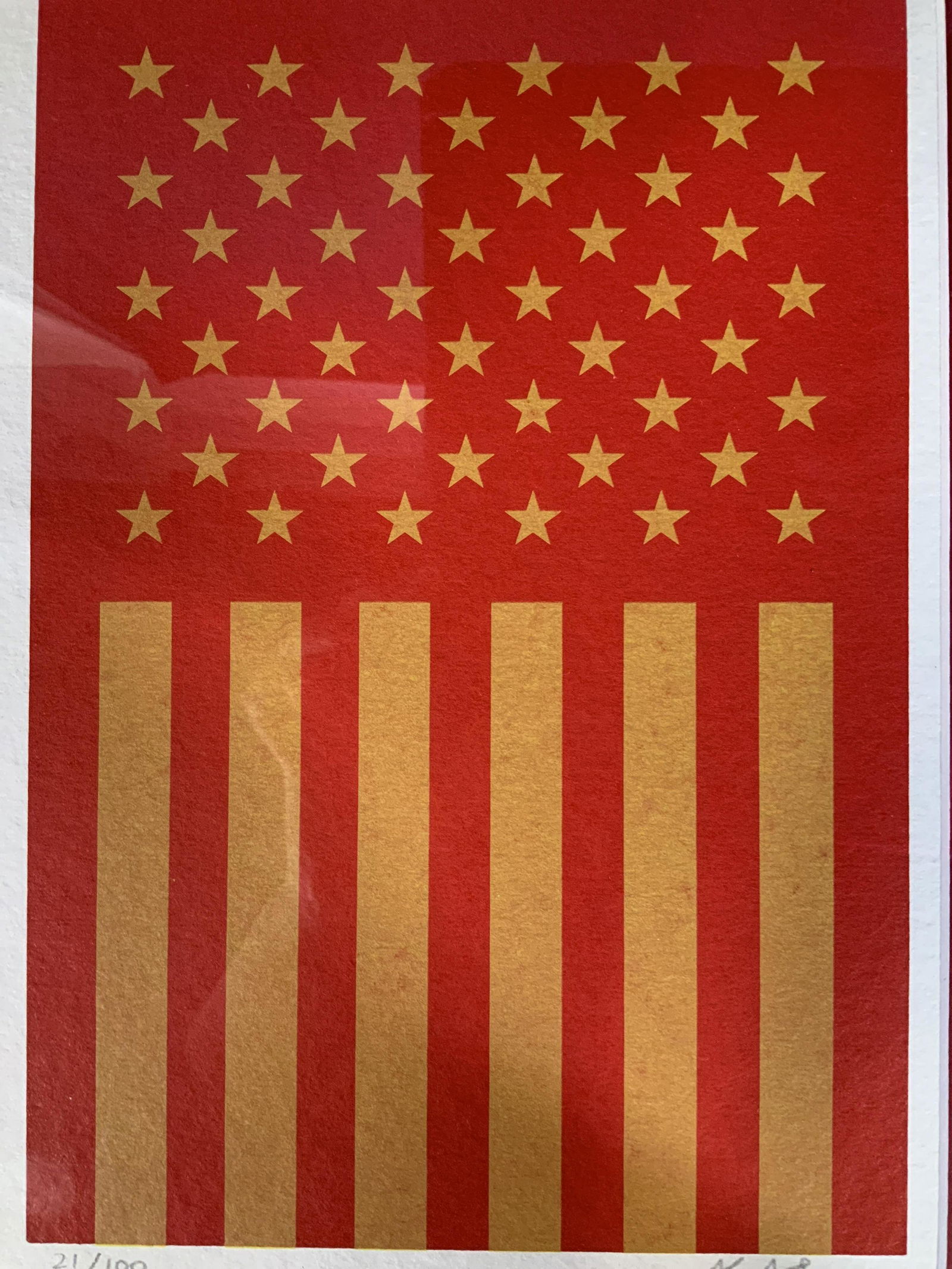 JASPER JOHNS Signed American Flag Lithograph: JASPER JOHNS(1930-)Signed American Flag Lithograph, signature to lower right in pencil reads ‘JJ’, edition to lower left reads ‘21/100’, inscription to reverse reads ‘II’, stamp to reverse