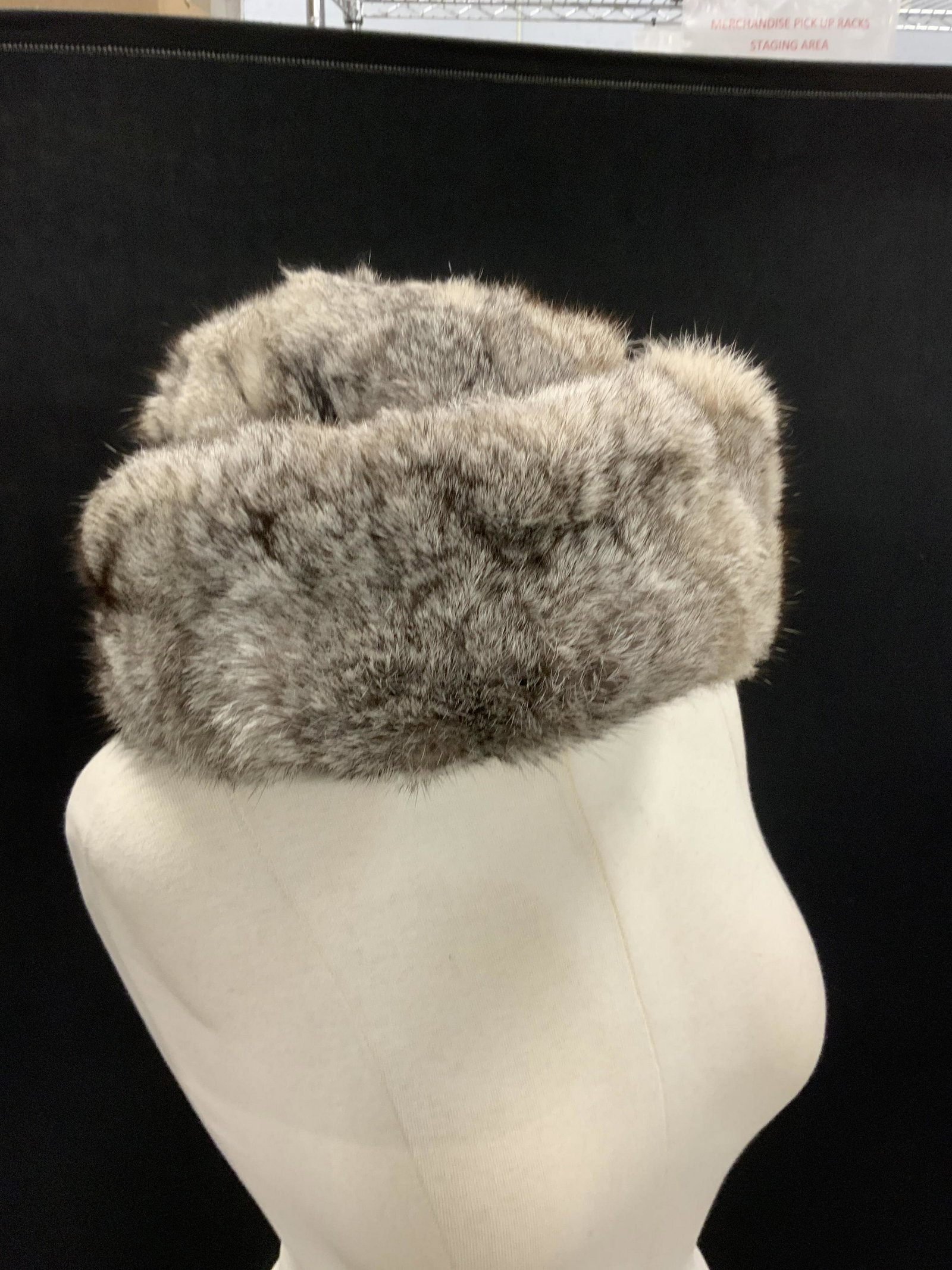 Russian Style FOX FUR Winter Hat: Quilted thermal hat with brown quilted stitch lining. Multi colored natural fur, possibly fox, with colors of brown, grey and white. Wide fold up rim 5 in. Overall size 13 x 11 in. Depth app 6 in. Goo
