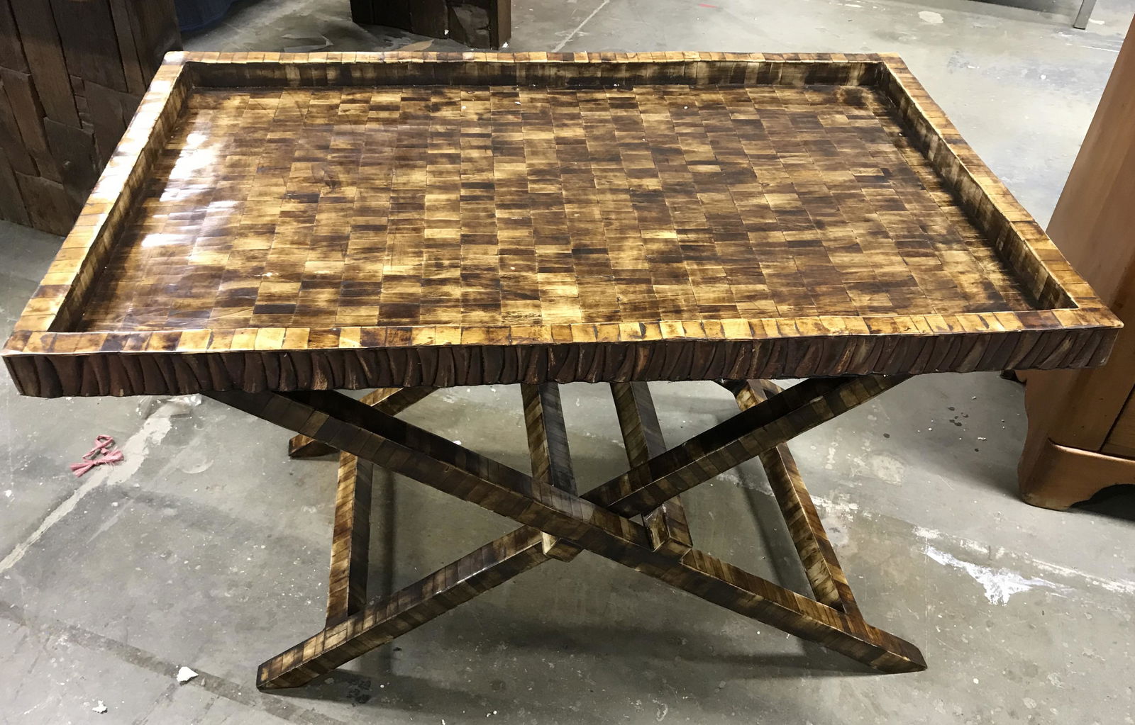 Wooden Mosaic Tray Table, INDIA: Wooden mosaic tray table. Table top can be removed, bottom is lined with fabric, base can be collapsed. Measures approx 26 inches H, 39.5 inches W, 25.25 inches deep. Wear is consistent with age and u