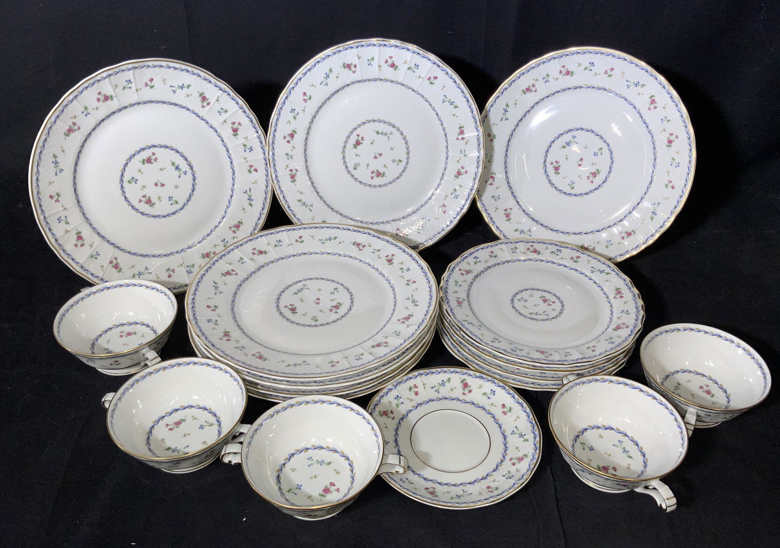Partial Set 18 BERNARDAUD LIMOGES FRANCE Chinaware: Luxury French design, all trademarked Â‘BERNARDAUD LIMOGES FRANCE -ARTOIS BLEU - Decor de la Manufacture du Comte dÂ’Artois fin du XVIIIÂ’. Embossed latticed edge, dainty florals and laurel r