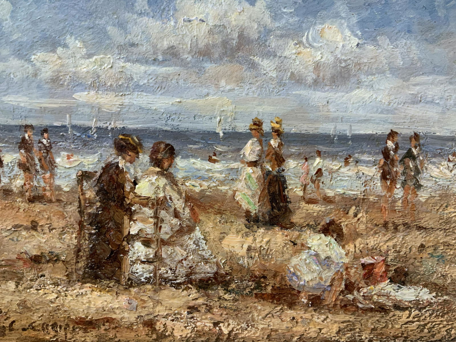 Antique Signed Oil Painting Beach Scene: Antique Signed Oil on wood panel Painting Beach Scene, Signature to lower left illegible, subject women and children on a beach, measures 9 inches tall x 11 inches wide, ornate wooden frame painted go