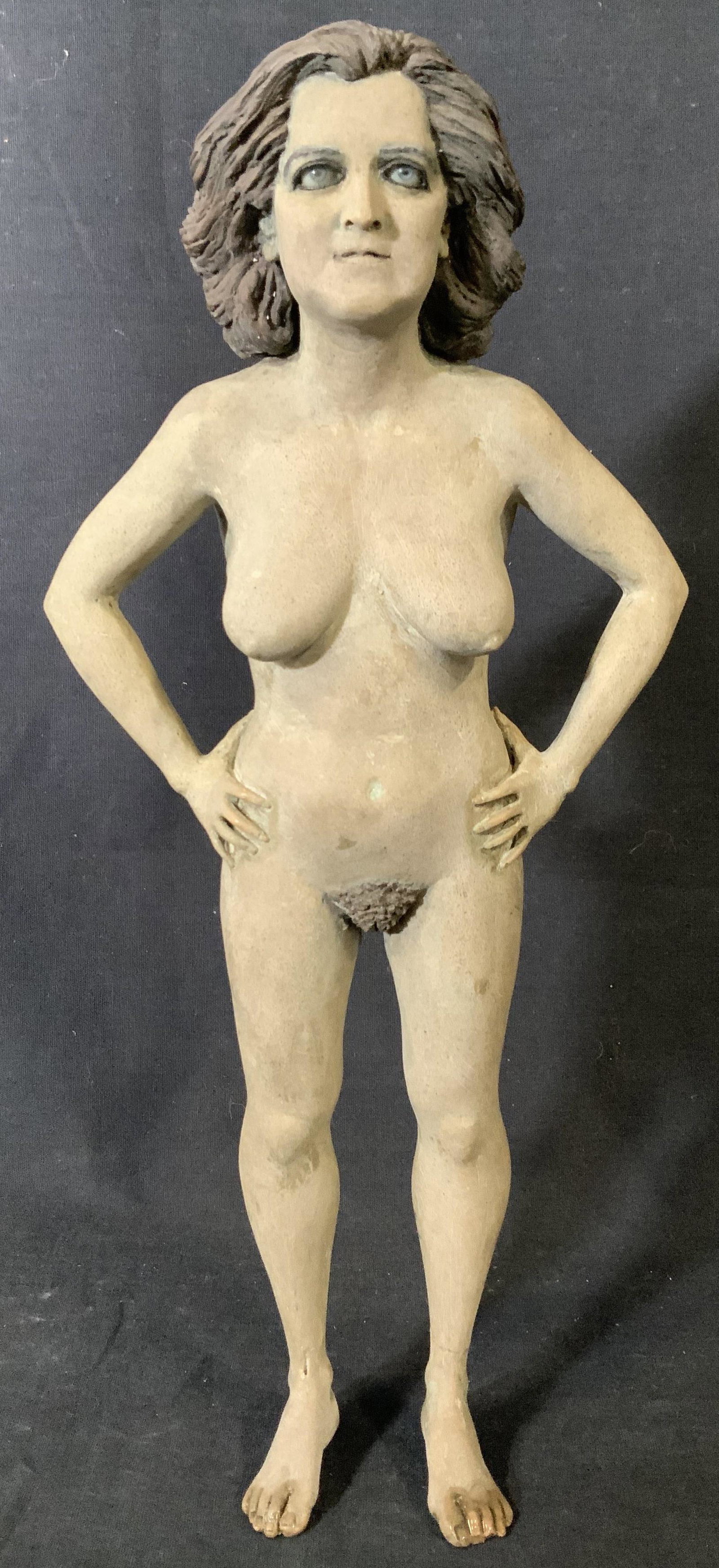 Female Art Nude Stone Sculpture: Female Nude stone sculpture, no apparent inscriptions or signatures, subject a naturalistic standing nude figure, measures 13 5/8 x 6 1/8 inches at widest point, some cracks to piece and losses to toe