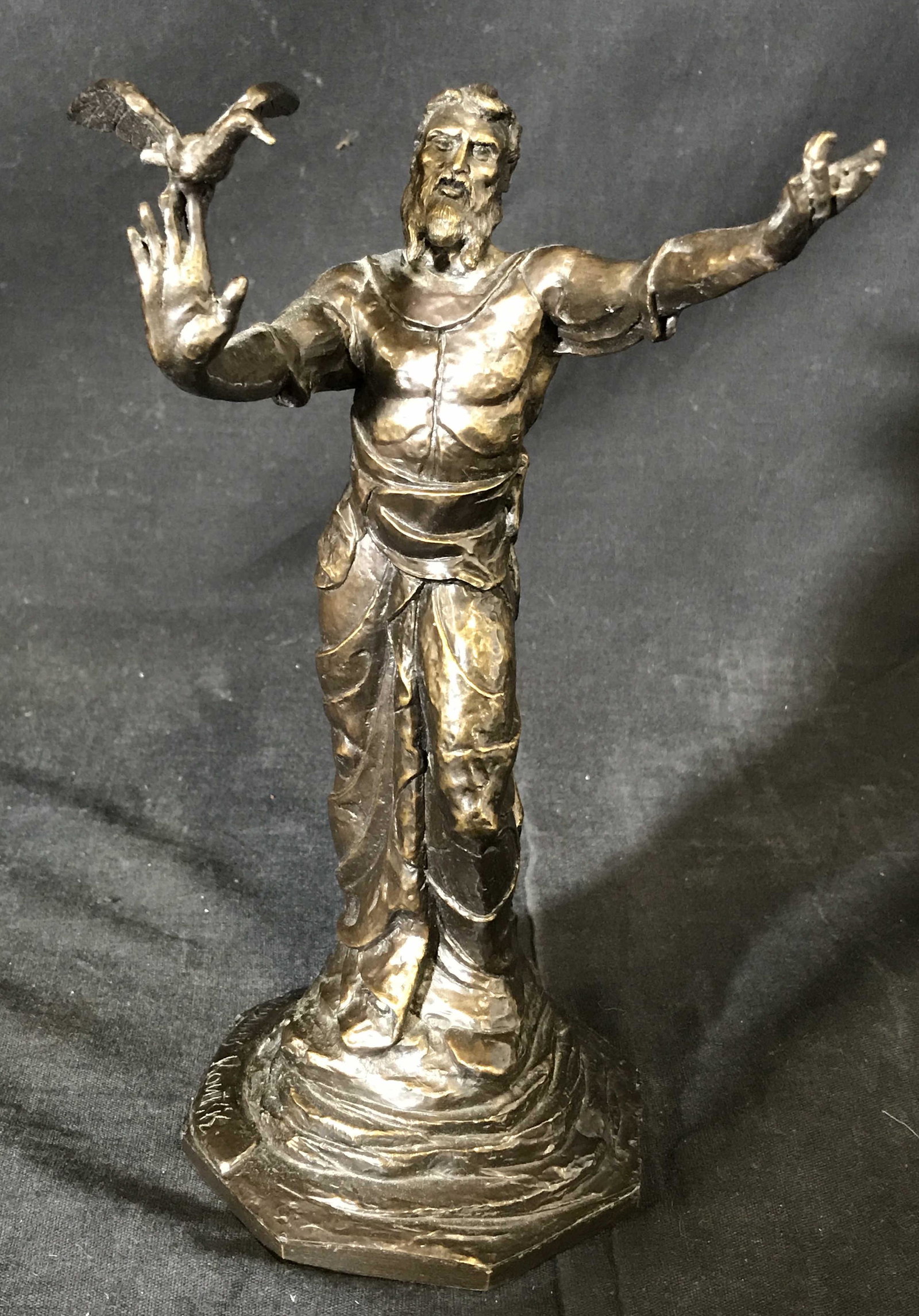 YIANNAS KOUTSIS Signed Bronze Biblical Sculpture: Yiannas Koutsis signed Bronze biblical tabletop sculpture, signature to octagonal base reads ‘Yiannas Koutsis’, subject Moses with a parted beard standing in contrapposto with arms extended and a 