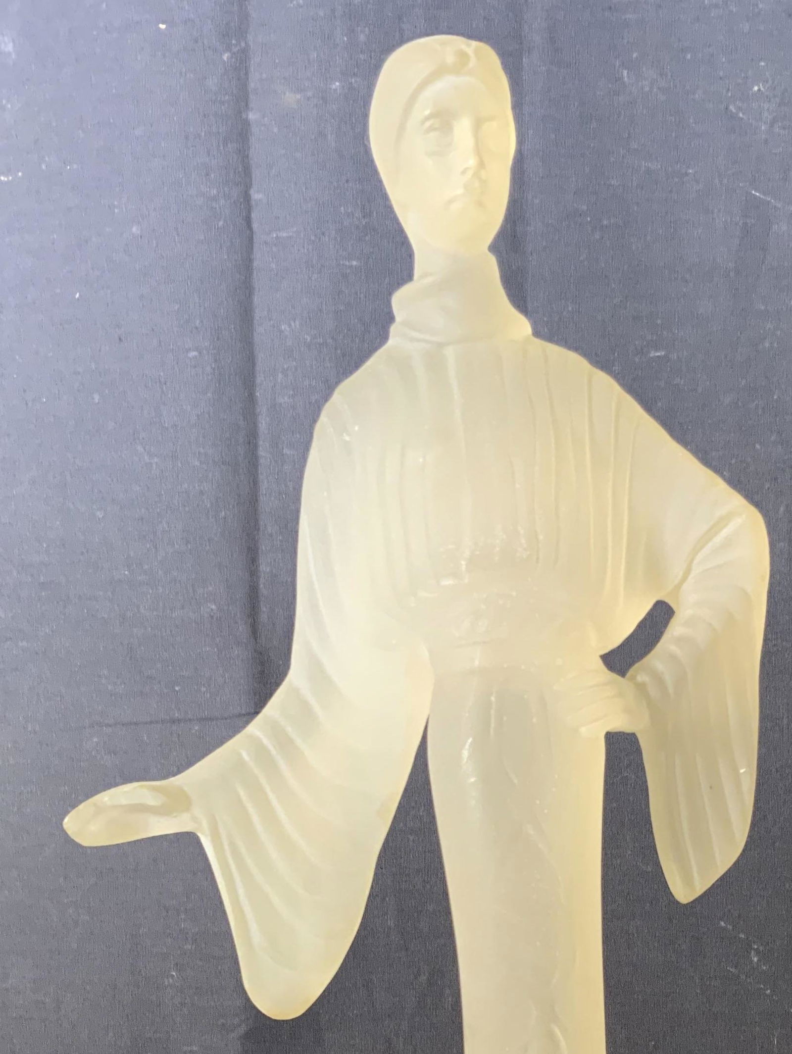 AUSTIN PRODUCTIONS Art Deco Lucite Sculpture 1982: AUSTIN PRODUCTIONS Art Deco Lucite Sculpture 1982, inscription to base reads ‘Austin Proding 1982’, a standing woman in a dress, measures 19 x 4 3/4 inches wide at base, some surface wear but over