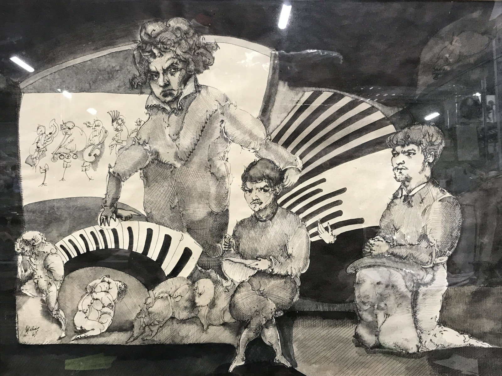 Signed Pen & Ink Drawing of Beethoven ‘67: Signed pen and ink drawing of Beethoven, signature and date to the lower left corner possibly reads ‘Melvin 67’, subject a caricature of Beethoven at the piano with various figures around him, tan