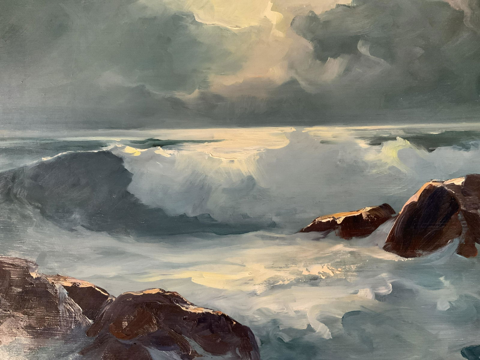 JOHN ANTHONY BARTOK Signed Oil Painting 1975: JOHN ANTHONY BARTOK Signed ‘Moonlit Surf’ Oil on canvas board Painting 1975, signature to lower left reads ‘J BARTOK 1975’, inscription to reverse reads ‘All reproduction rights reserved by